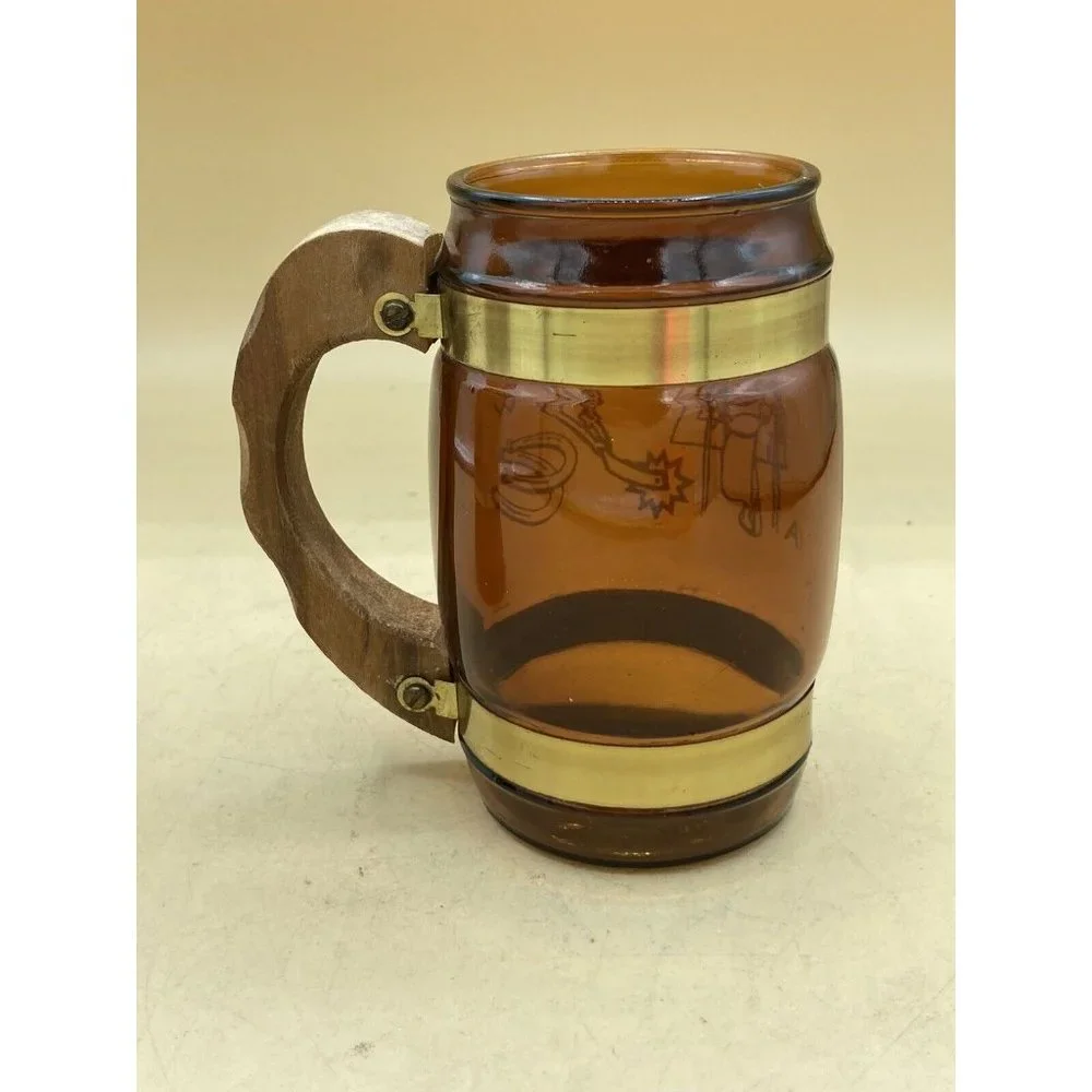 Siesta Ware Vintage MCM Western Tiki Barware Walnut Sleeve Beer Glass & Mug